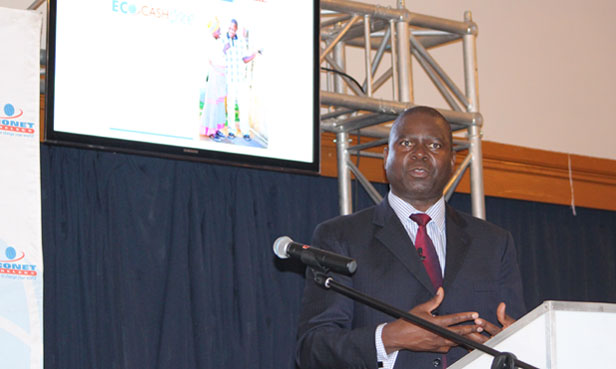 Econet CEO, Douglas Mboweni, speaks at the announcement of the company's half year results in Harare today