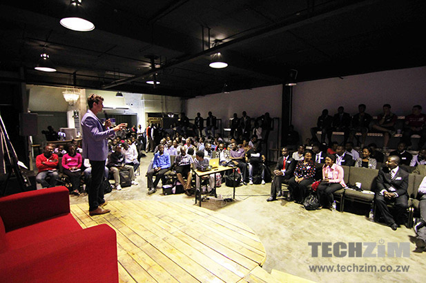 Tommy Deuschle speaking at the Pitch Night at The Basement