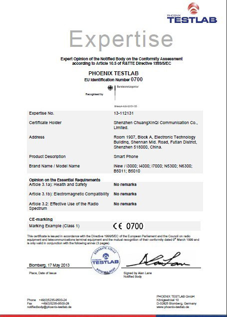 Scanned copy of Shenzhen ChuangXinQi Communication Co. Ltd CE certificate for the iNew V3 available here.
