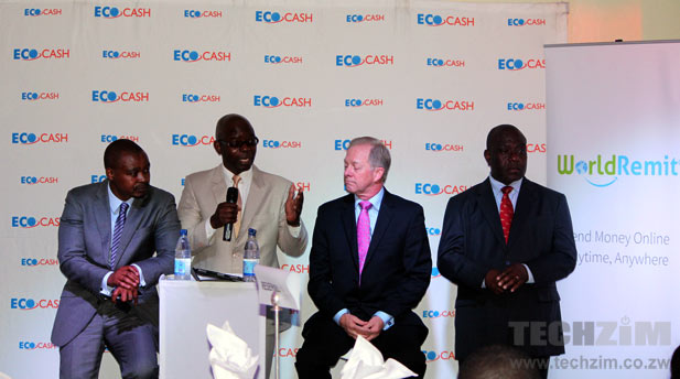 EcoCash CEO, Cuthbert tembedza, speaks at the launch of the new remittance service. On his right is Econet Wireless Services CEO, Darlington Mandivenga, and on his left WorldRemit Director, Rob Ayers and Econet Sales & Marketing Director Isaiah Nyangare