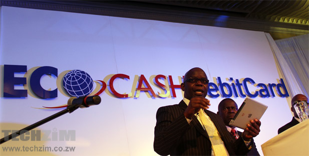 EcoCash CEO, Cuthbert Tembedza, speaks at the launch of the EcoCash Mastercard debit card in Harare today