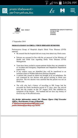 Ebola scare letter Parirenyatwa 