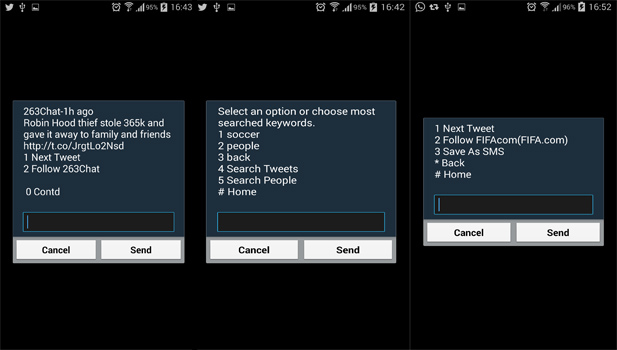Some screen shots of the Twitter via USSD service