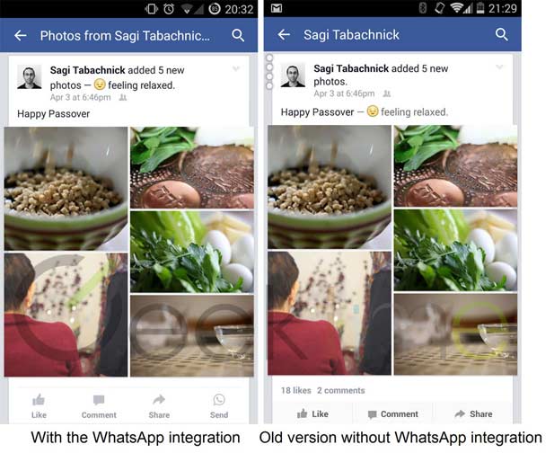 Shots showing the integration of a WhatsApp Send Button in facebook (image credit: Geektime)