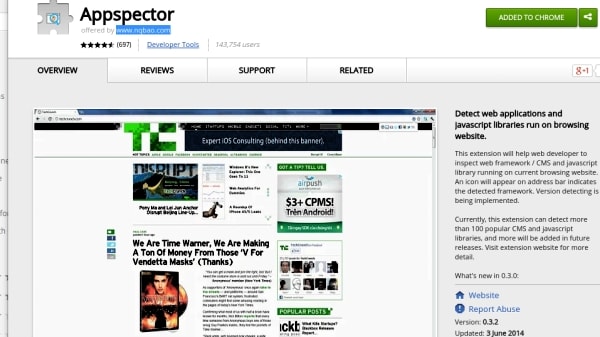 Appspector is a Chrome extension that llows you to see the technologies being used behind the scenes.