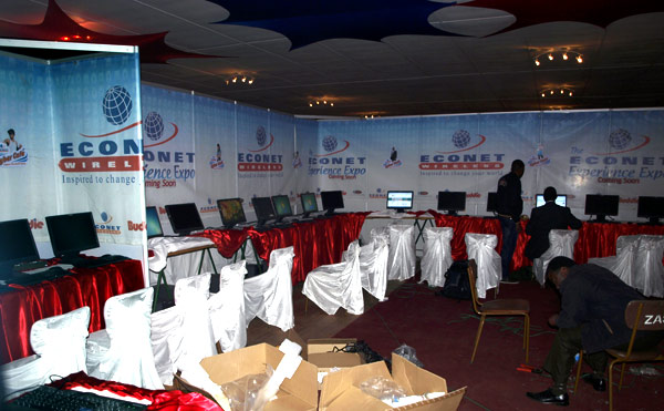 Econet setting up a Cyber Cafe at the Harare Agriculture Show