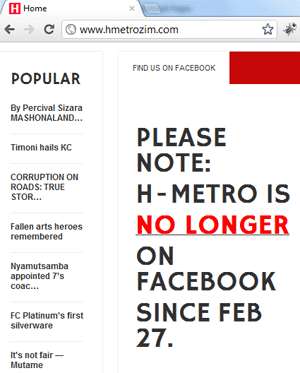 H-Metro, Zimbabwe. No Facebook