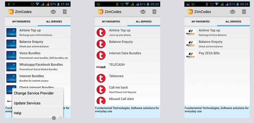 Screenshots of ZimCodes App