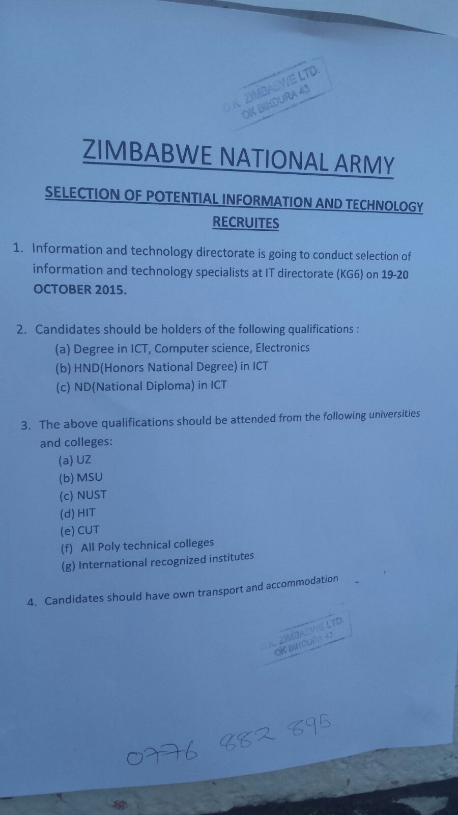 application letter for zimbabwe national army