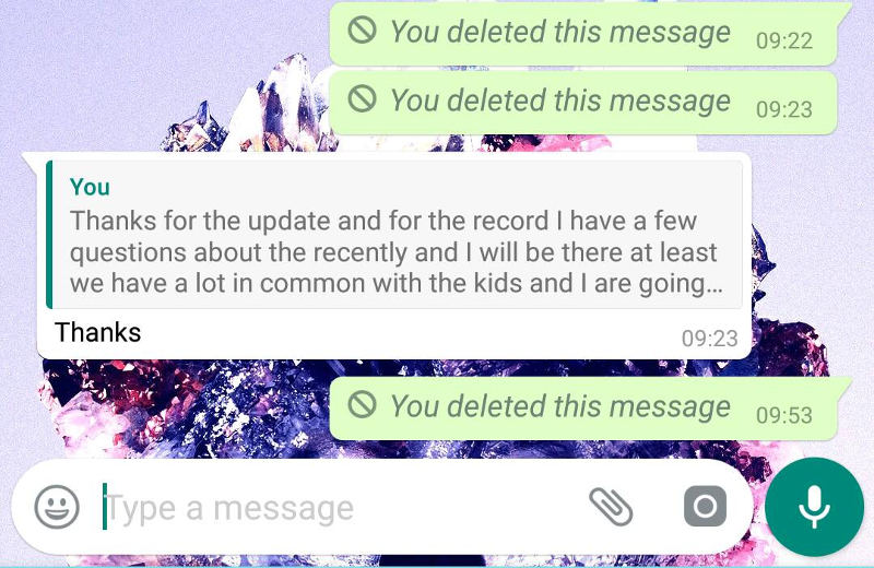 WhatsApp screenshot showing deleted messages