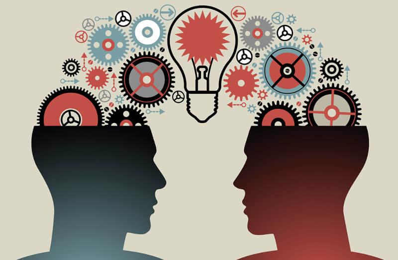 An artwork showing two people sharing ideas