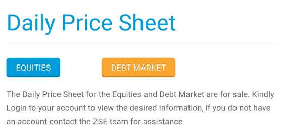 ZSE website screenshot: Daily Price Sheet now for sale