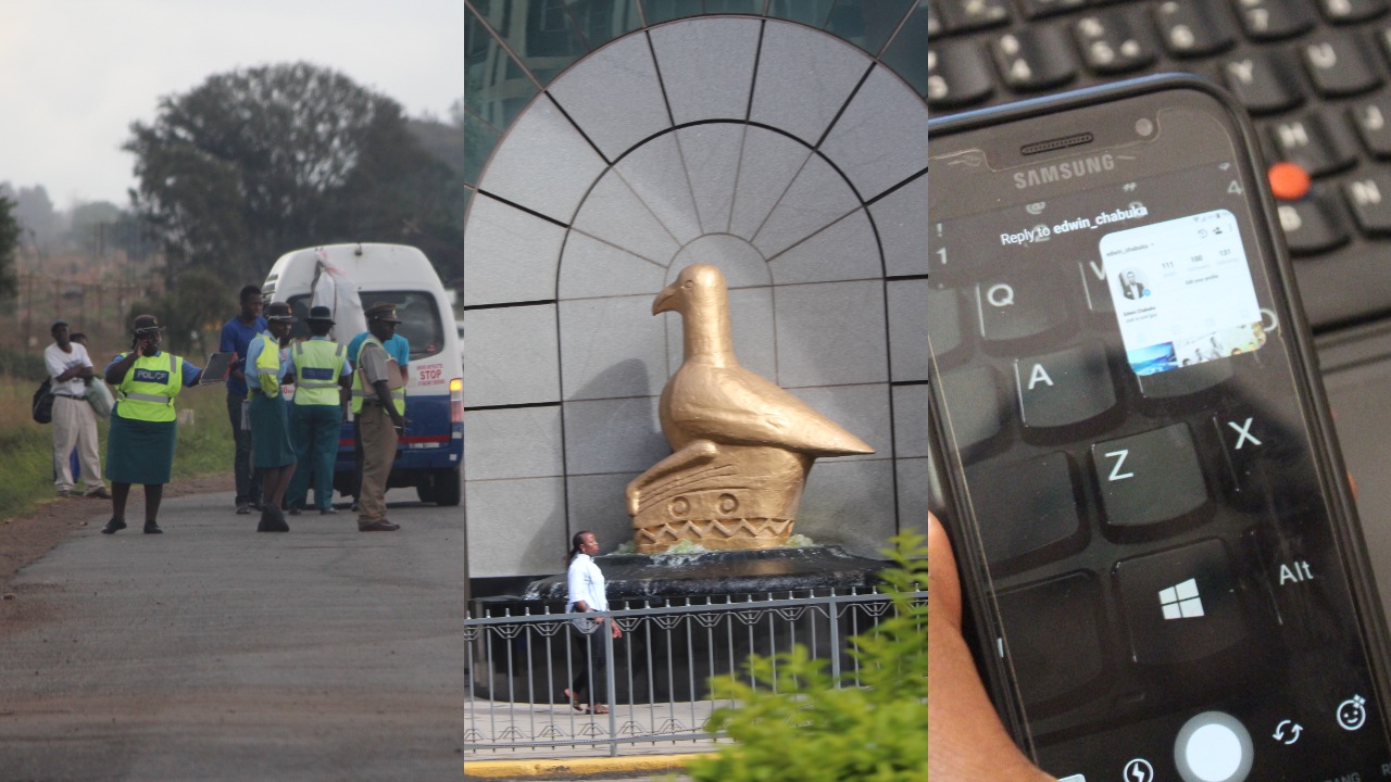 The police at a roadblock, the RBZ building, a phone and a computer