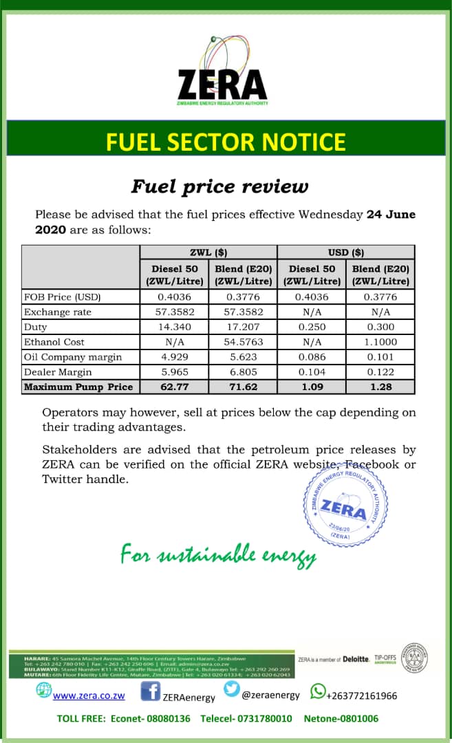 ZERA releases new fuel prices Techzim