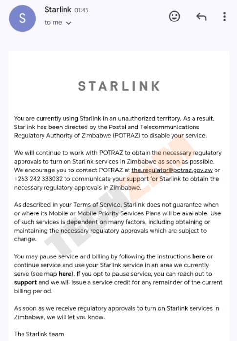 Starlink shut down in Zimbabwe email